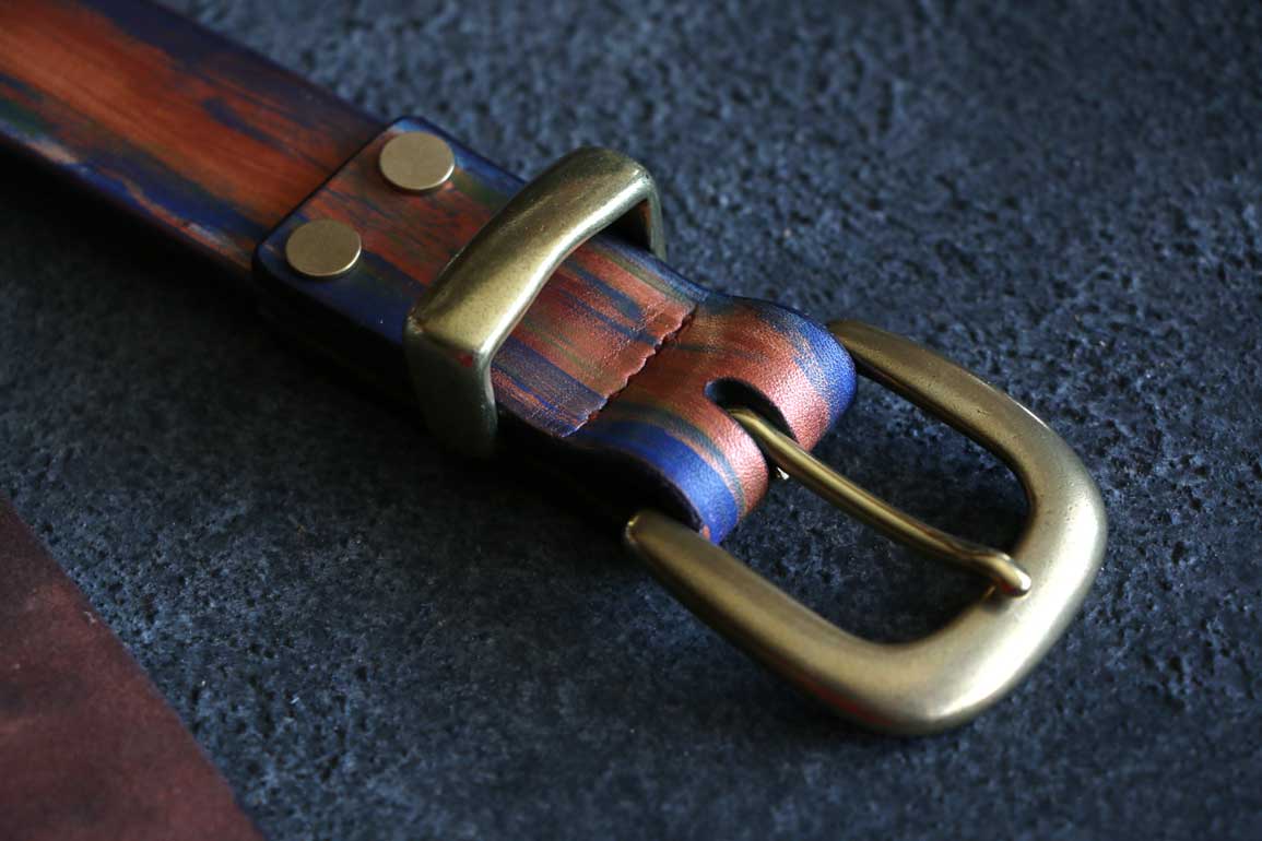 青サビ銅カラー染色真鍮金具レザーベルト